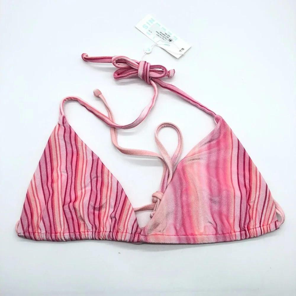 Frankies Bikinis Tia Velvet Bikini Top Halter Tie Back Solar Stripe Pink XXL